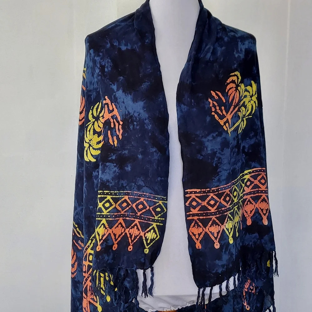 Huge Vtg Blue‎ Yellow Orange Palm Tree Scarf Shawl Tie-Dye Batik Fringed